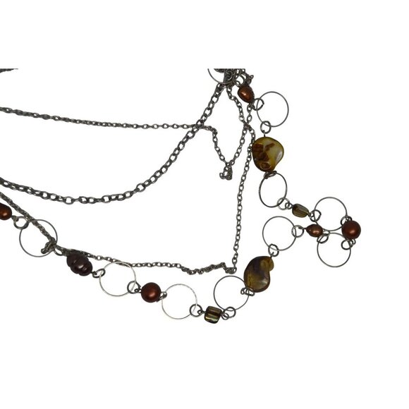 Multistrand Beaded Boho Glam Rope Length Necklace Brown Silver - Picture 7 of 8